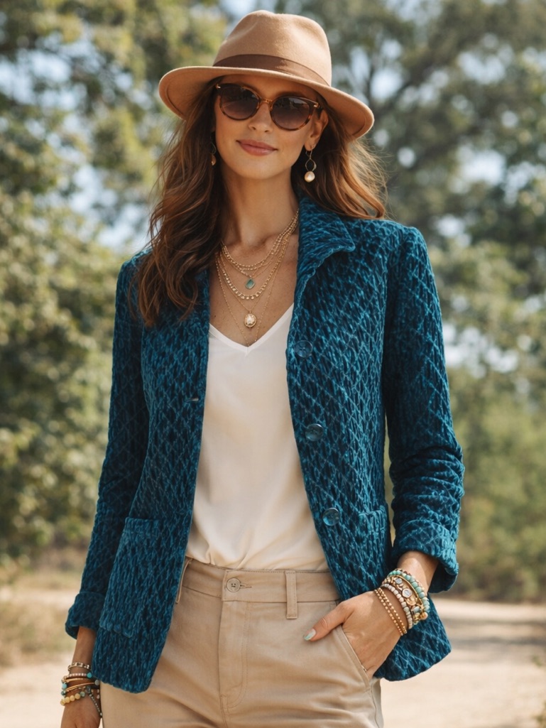 Nwt,Great Cavalier By St.Paul, Gorgeous Teal Quilted-Velvet Blazer, L